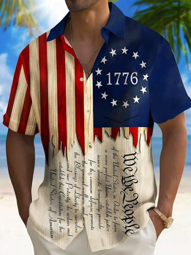 Men's Vintage Independence Day Flag Print Casual Shirt (With Pockets)