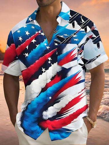 Men's Vintage Independence Day Flag Print Casual Shirt (With Pockets)