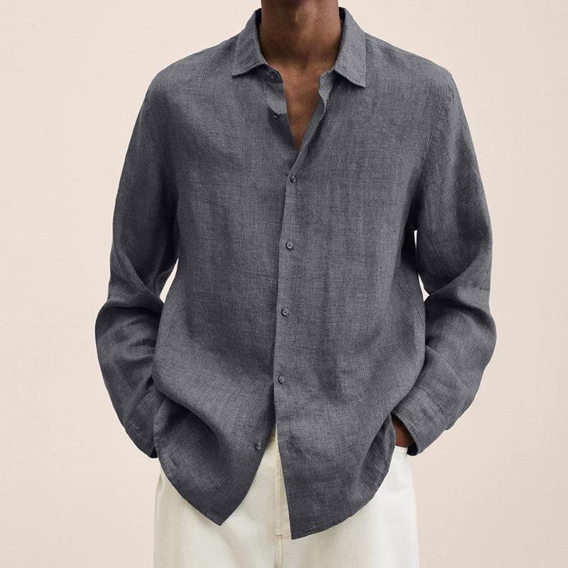 Men's Long Sleeve V-Neck Loose Button Cotton and Linen Cardigan Shirt