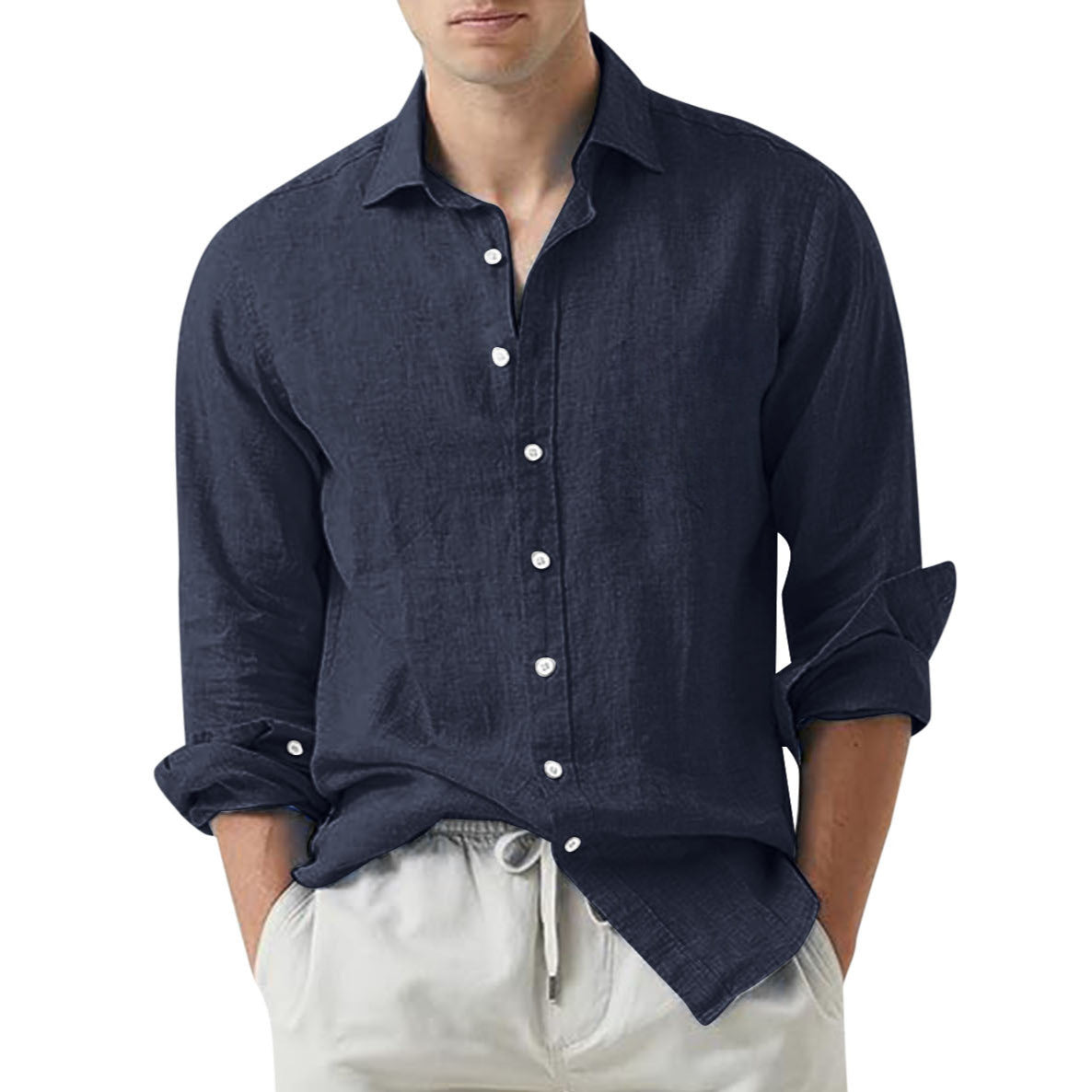 Men's Solid Color Casual Cotton and Linen Lightweight Breathable Long-Sleeved Shirt