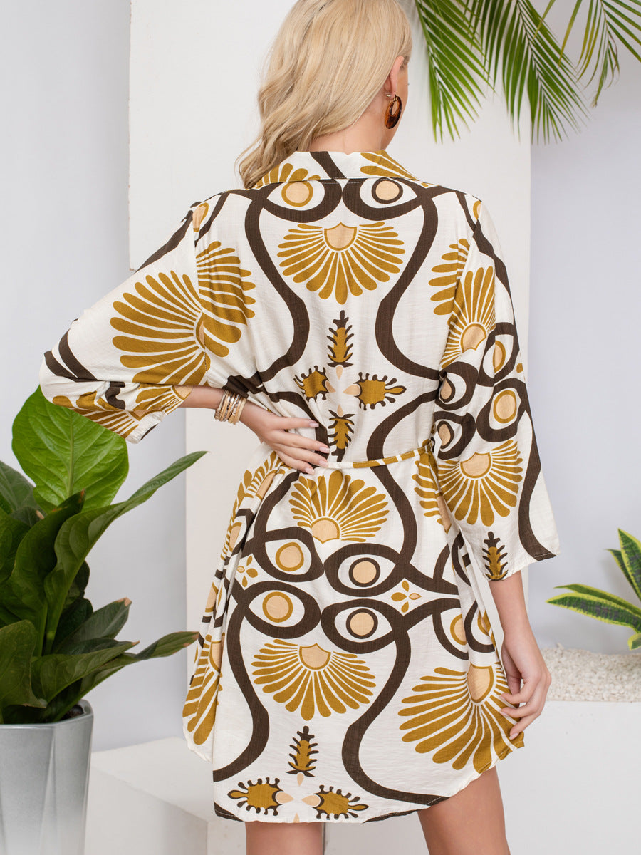 2025 new beach sun-protective cardigan printed cinched-waist bikini swimsuit jacket