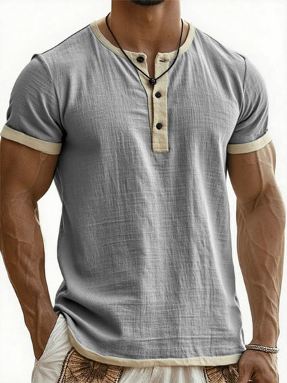 Men's Breathable Linen Contrast Pleated Resort Henley Top