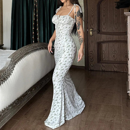 Women's Floral Off Shoulder Lace Up Deep V Neck  Long Dress