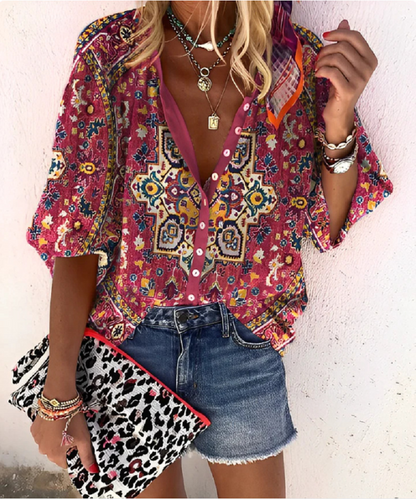 Popular fashion summer stand collar loose button retro print casual shirt