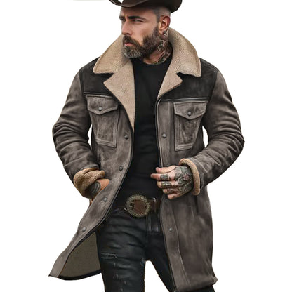 Men's Vintage Suede Patchwork Lamb Fleece Multi-Pocket Reverse Collar Outdoor Jacket Coat
