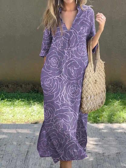 Summer Casual Loose Slit V-Neck Printed Faux Linen Dress