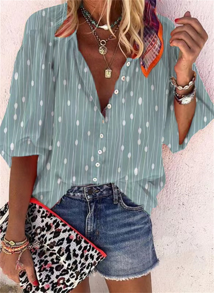 Popular fashion summer stand collar loose button retro print casual shirt