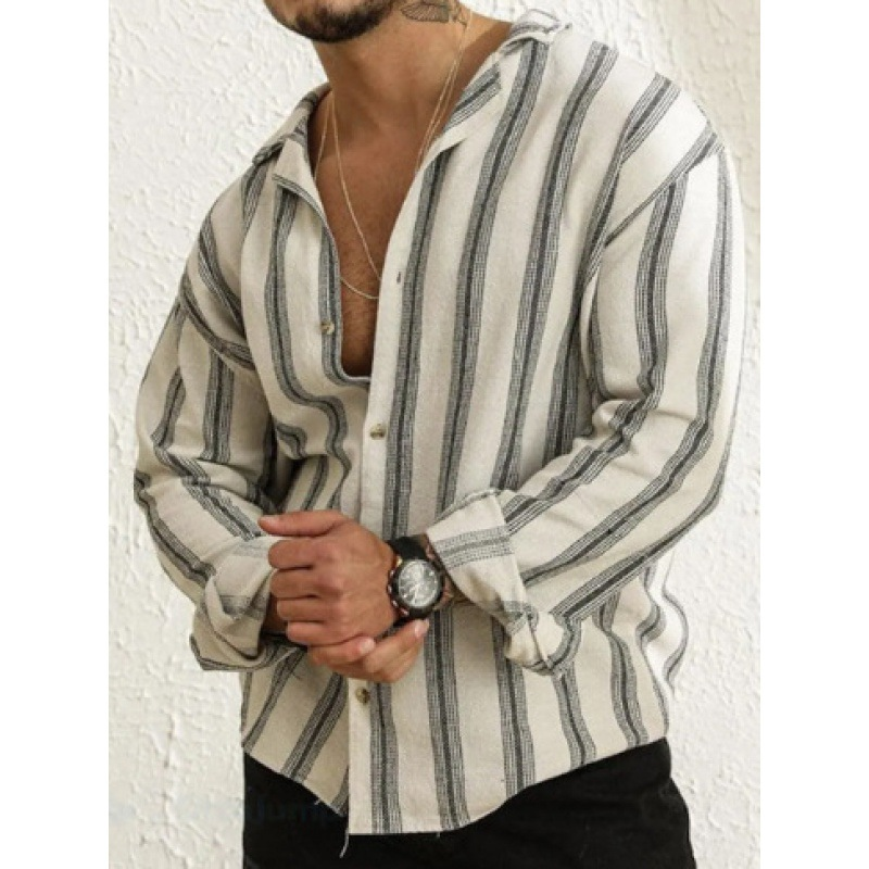 3D digital printing striped men's casual long-sleeved cotton and linen shirt
