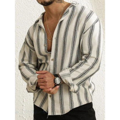 3D digital printing striped men's casual long-sleeved cotton and linen shirt