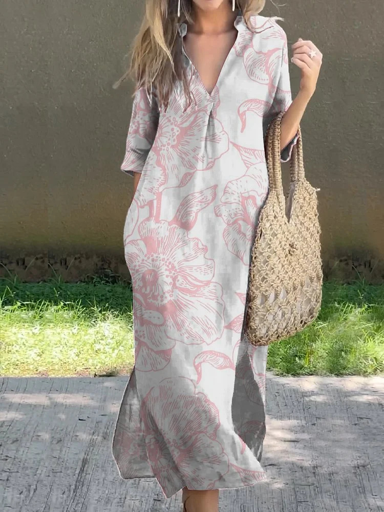 Summer Casual Loose Slit V-Neck Printed Faux Linen Dress