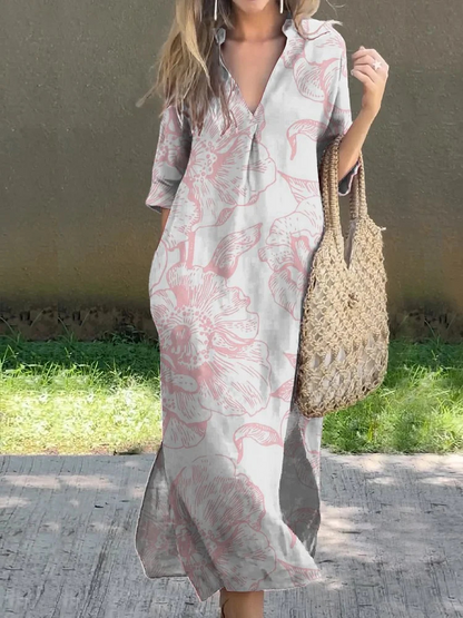 Summer Casual Loose Slit V-Neck Printed Faux Linen Dress