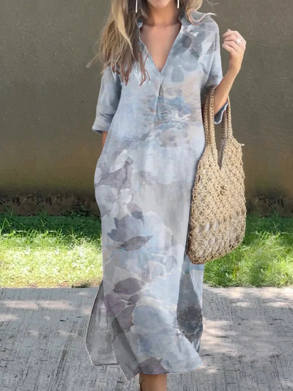 Summer Casual Loose Slit V-Neck Printed Faux Linen Dress