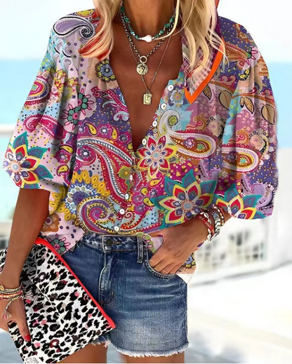 Popular fashion summer stand collar loose button retro print casual shirt