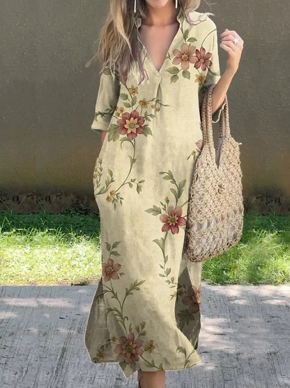 Summer Casual Loose Slit V-Neck Printed Faux Linen Dress