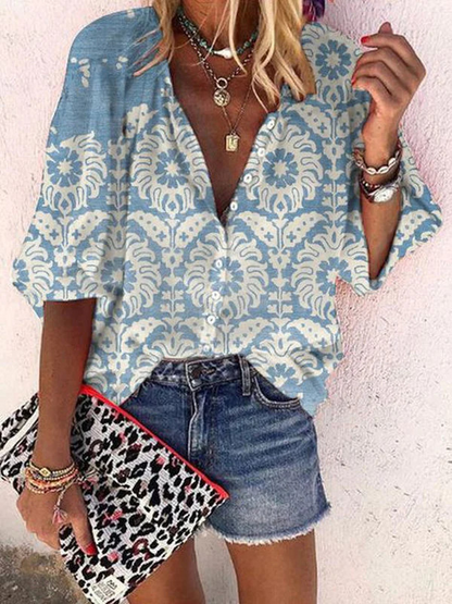 Popular fashion summer stand collar loose button retro print casual shirt