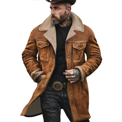 Men's Vintage Suede Patchwork Lamb Fleece Multi-Pocket Reverse Collar Outdoor Jacket Coat