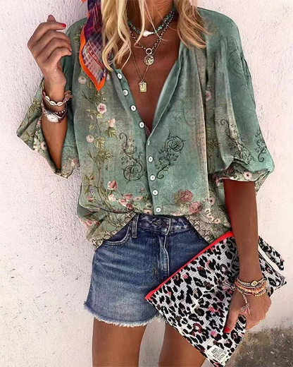 Popular fashion summer stand collar loose button retro print casual shirt