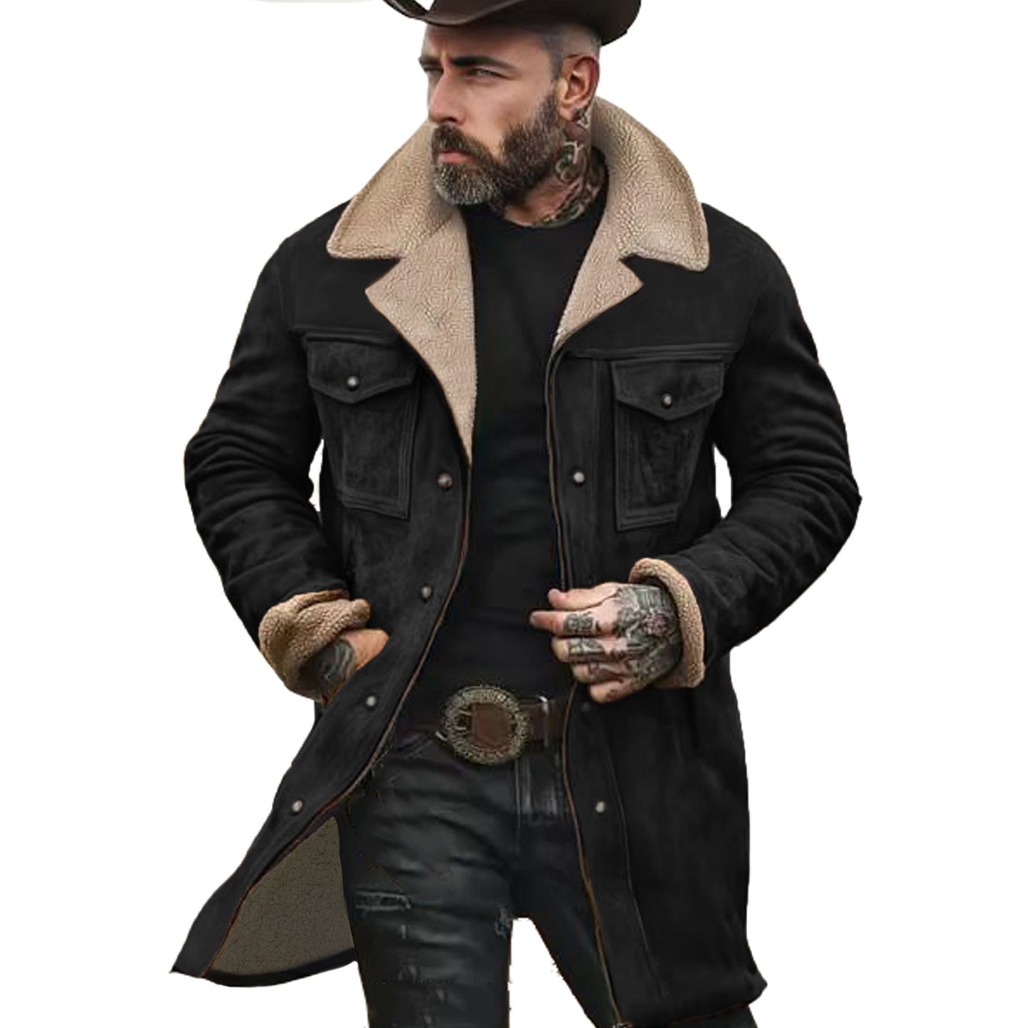 Men's Vintage Suede Patchwork Lamb Fleece Multi-Pocket Reverse Collar Outdoor Jacket Coat