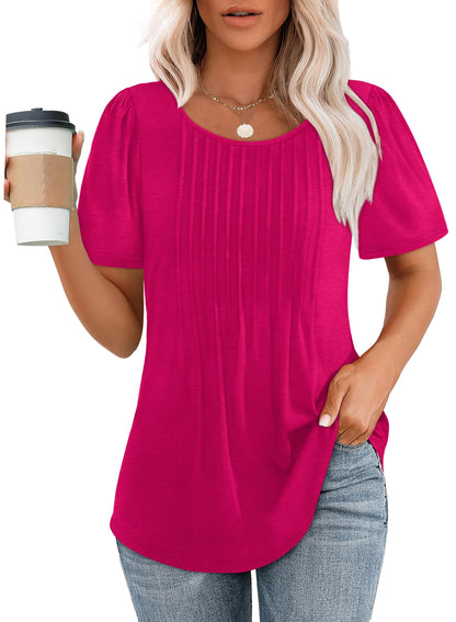 ✨Women's Short Sleeve Pleated Dressy Casual Scooped Neck Tops (Buy 3 Free Shipping)