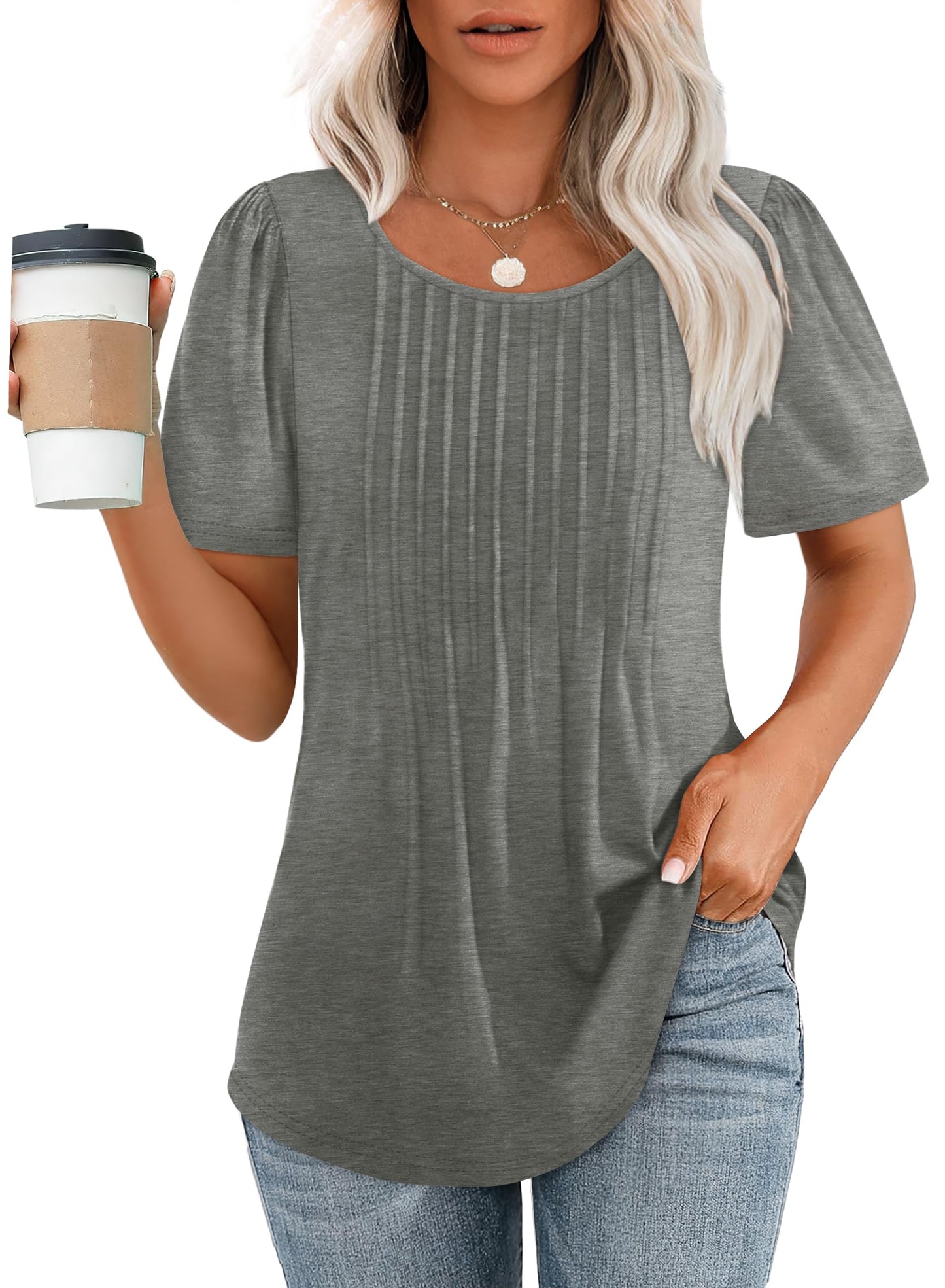 ✨Women's Short Sleeve Pleated Dressy Casual Scooped Neck Tops (Buy 3 Free Shipping)