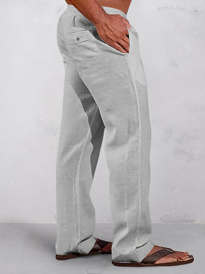 Casual Solid Elastic Waist Cotton Linen Straight Pants