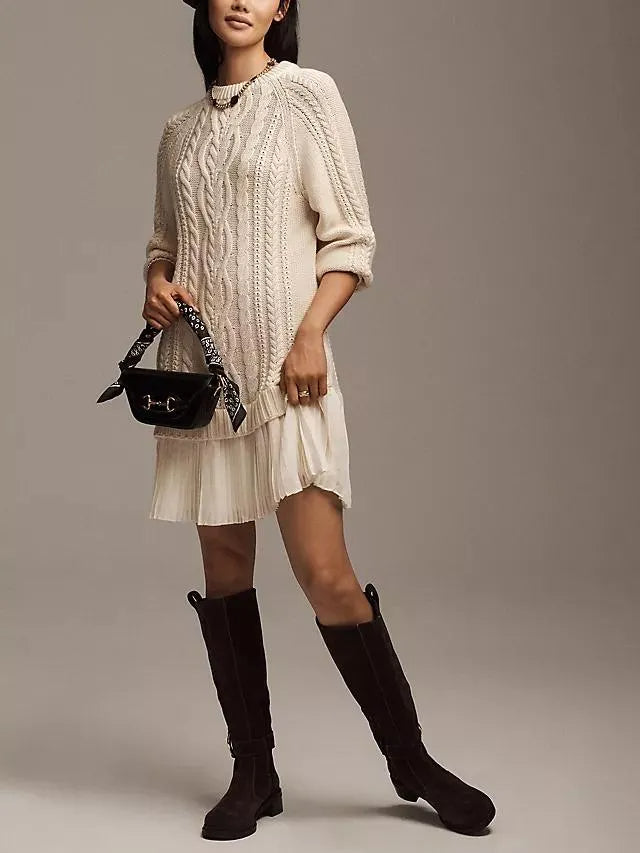 Women Crewneck Cable Knit Sweater Mini Dress