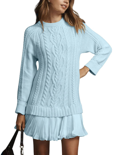 Women Crewneck Cable Knit Sweater Mini Dress