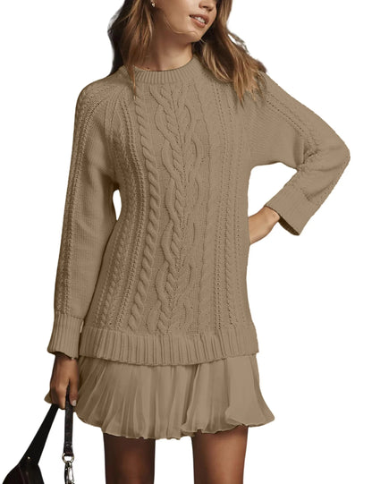 Women Crewneck Cable Knit Sweater Mini Dress