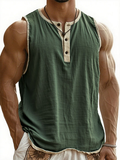 Men's Vintage Breathable Linen Sleeveless Henley Three-Button T-Shirt
