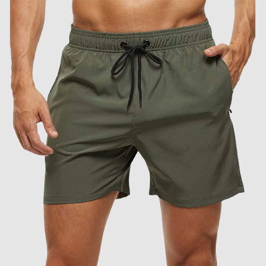 Men's Solid Color Quarter Casual Beach Shorts With Zippered Pockets And Mesh Lining Swimwear