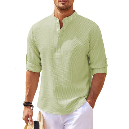 Men's Linen Henley Shirt Beach T Shirts Vertical Striped Hawaiian Shirts