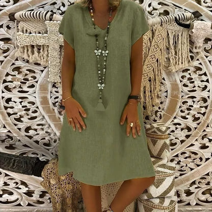 Womens V Neck Cotton Linen Dress Ladies Casual Baggy Plain Tunic Dress Plus Size