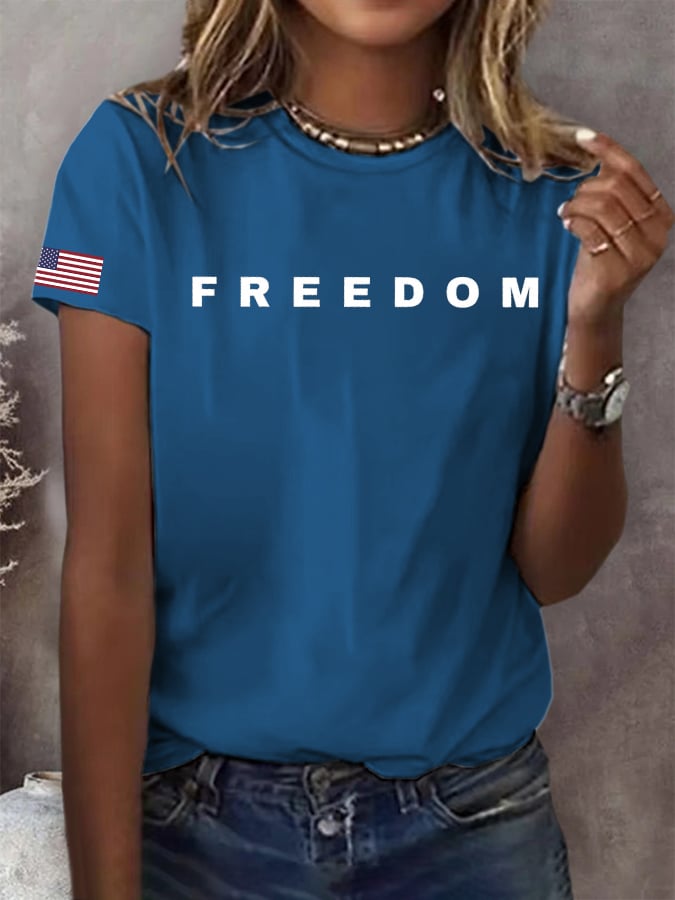 Women's Freedom American Flag Print Casual T-shirt