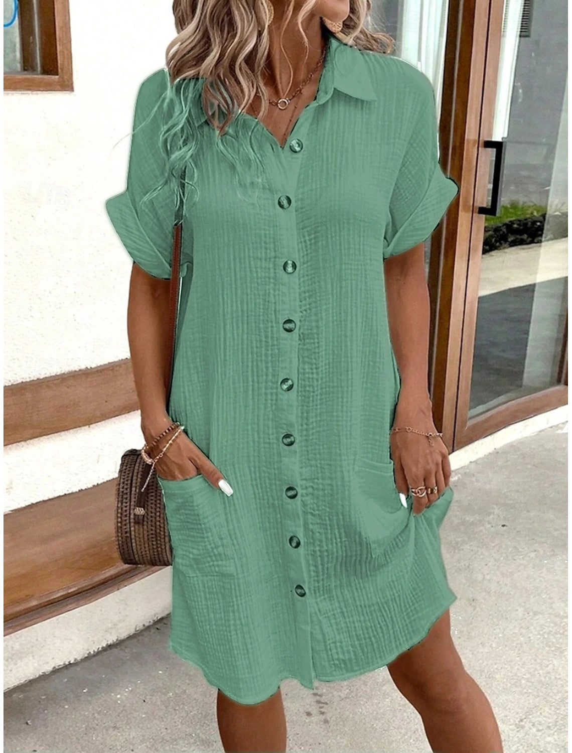 Women’s Cotton-Linen V‑Neck Mini Dress – Casual Fit