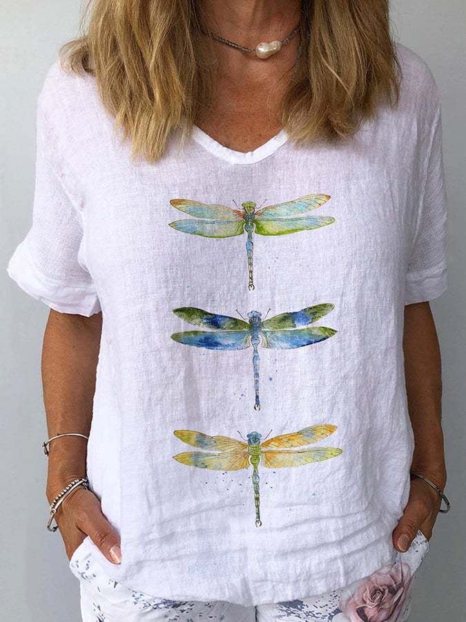 Women's Retro Floral Casual V-Neck Cotton And Linen Top