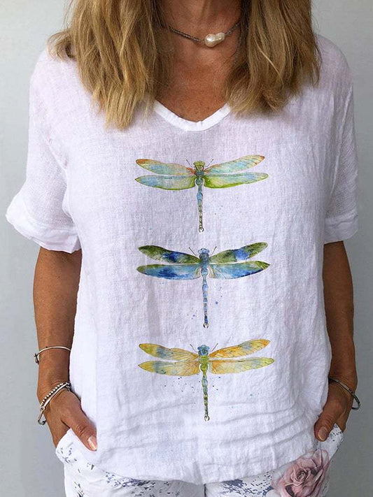 Women's Retro Floral Casual V-Neck Cotton And Linen Top