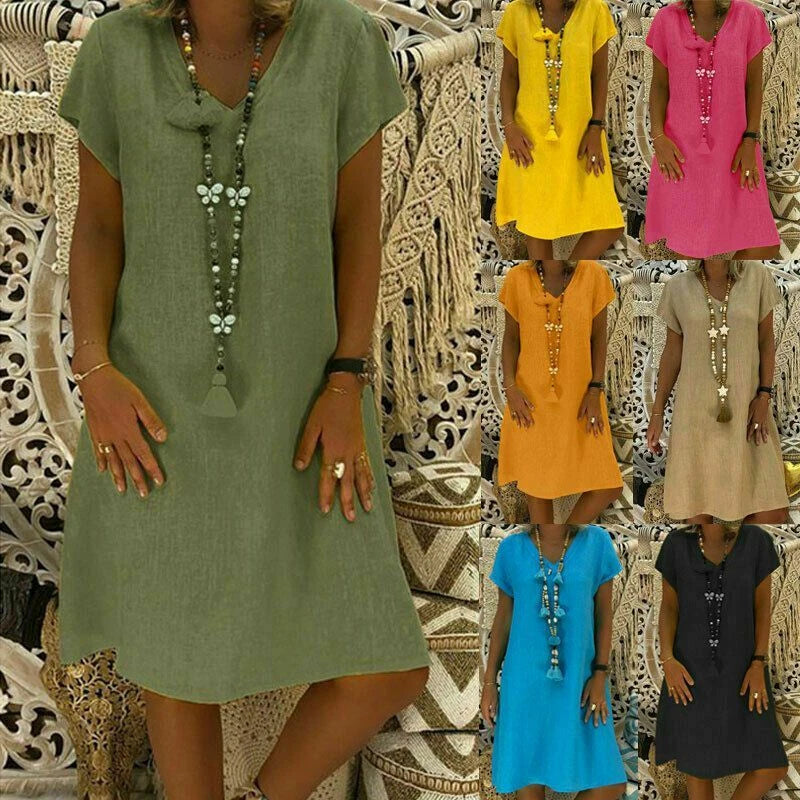 Womens V Neck Cotton Linen Dress Ladies Casual Baggy Plain Tunic Dress Plus Size