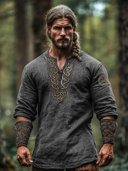 Men's Vintage Viking Symbol Linen V-neck Shirt