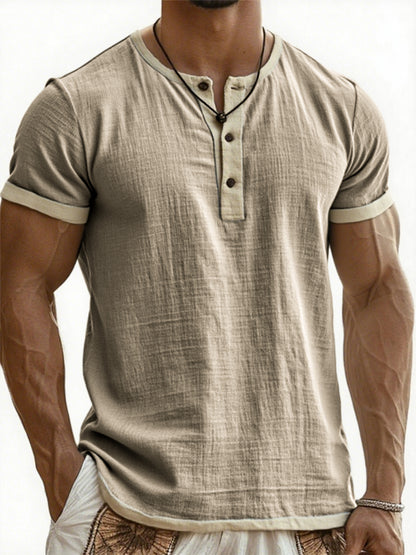 Men's Breathable Linen Contrast Pleated Resort Henley Top
