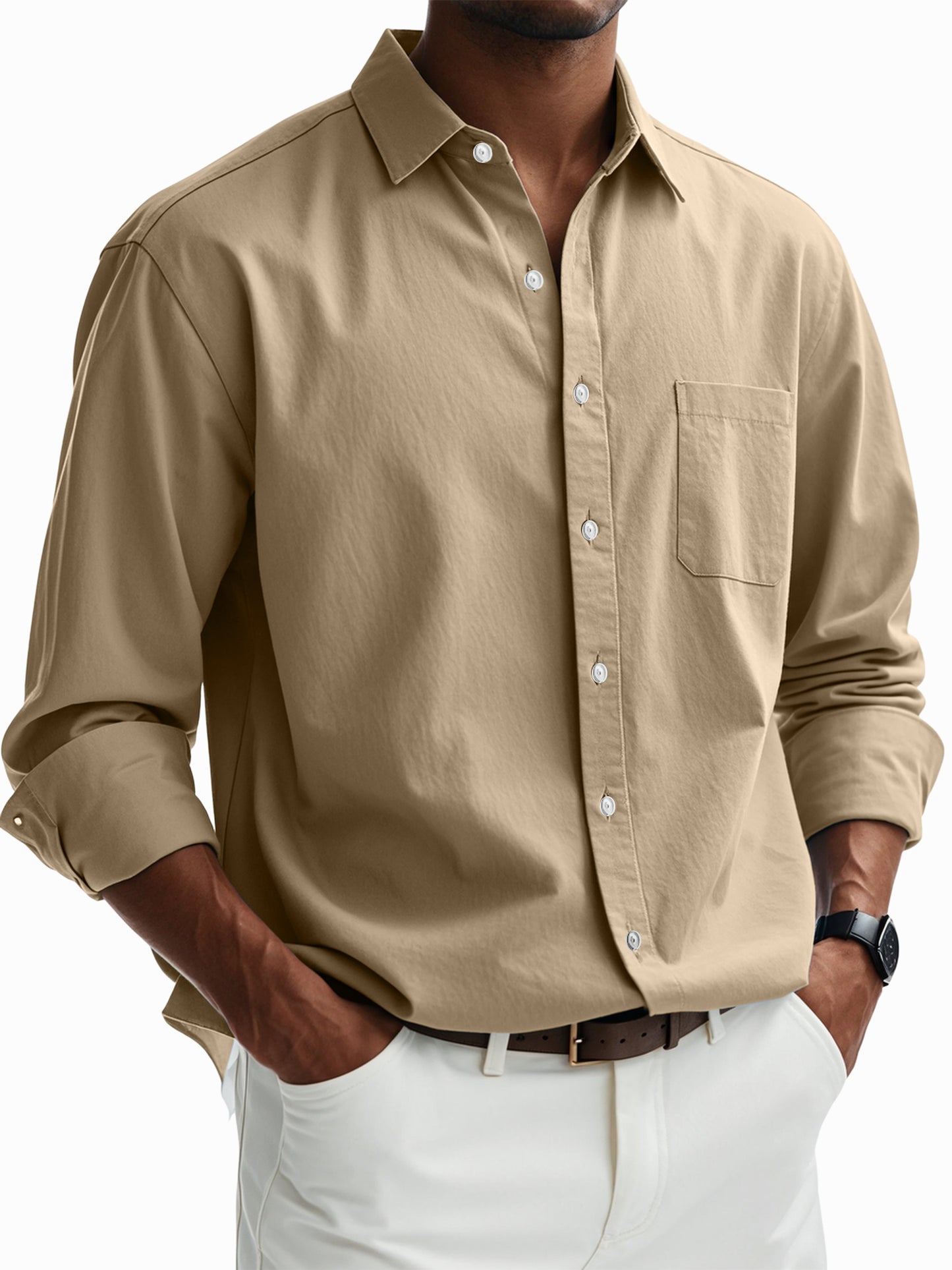 Men's Casual Cotton Pocket Basic Long Sleeve Shirt