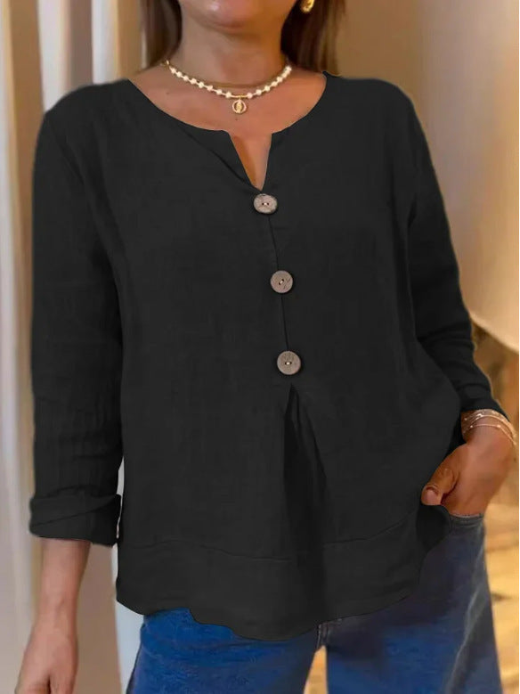 Women's solid-color casual cotton-linen V-neck shirt
