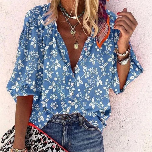 Popular fashion summer stand collar loose button retro print casual shirt