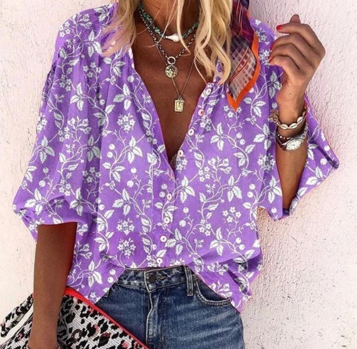 Popular fashion summer stand collar loose button retro print casual shirt