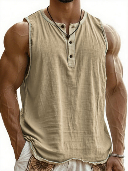 Men's Vintage Breathable Linen Sleeveless Henley Three-Button T-Shirt