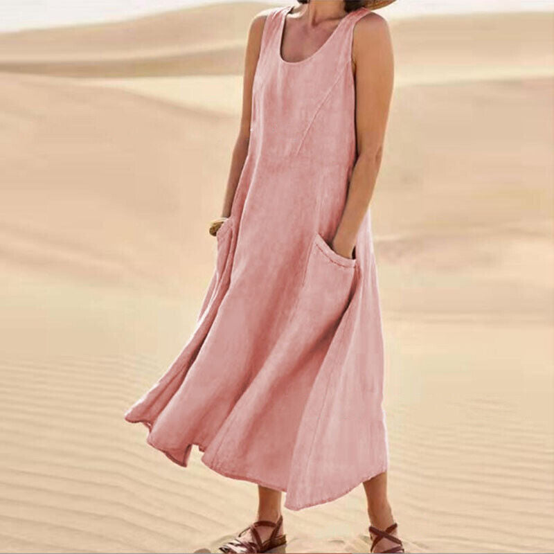 Women's Maxi Dress - Sleeveless Linen - Loose Fit with Pockets - Flowy Casual Wear
