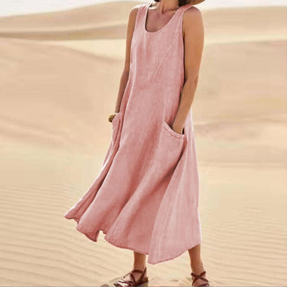 Women's Maxi Dress - Sleeveless Linen - Loose Fit with Pockets - Flowy Casual Wear