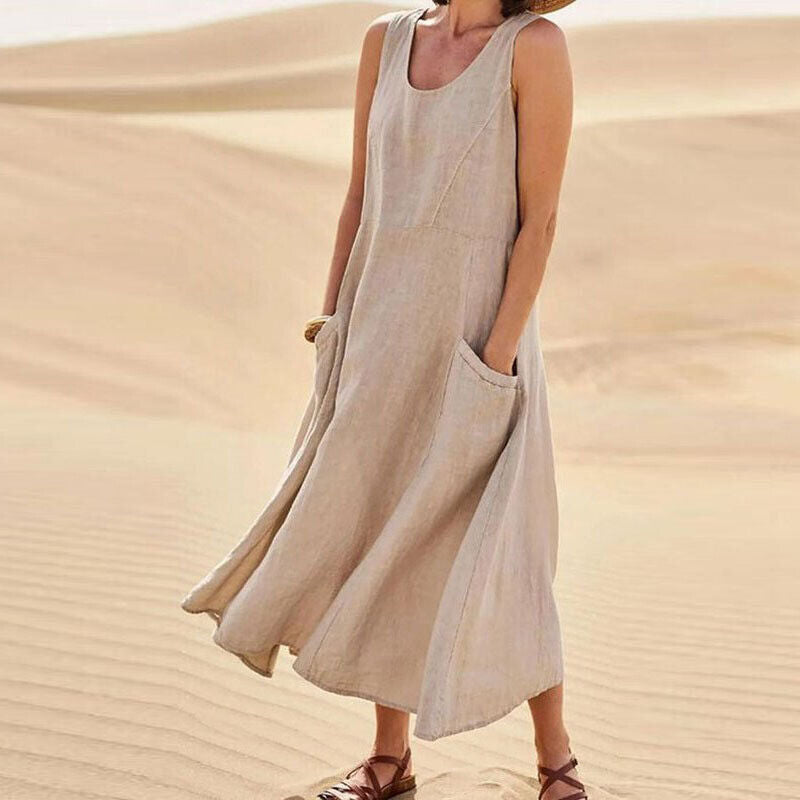 Women's Maxi Dress - Sleeveless Linen - Loose Fit with Pockets - Flowy Casual Wear