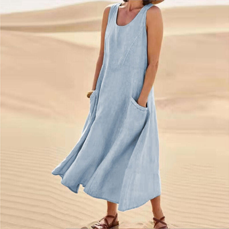 Women's Maxi Dress - Sleeveless Linen - Loose Fit with Pockets - Flowy Casual Wear