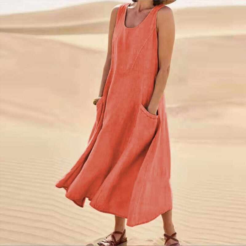 Women's Maxi Dress - Sleeveless Linen - Loose Fit with Pockets - Flowy Casual Wear