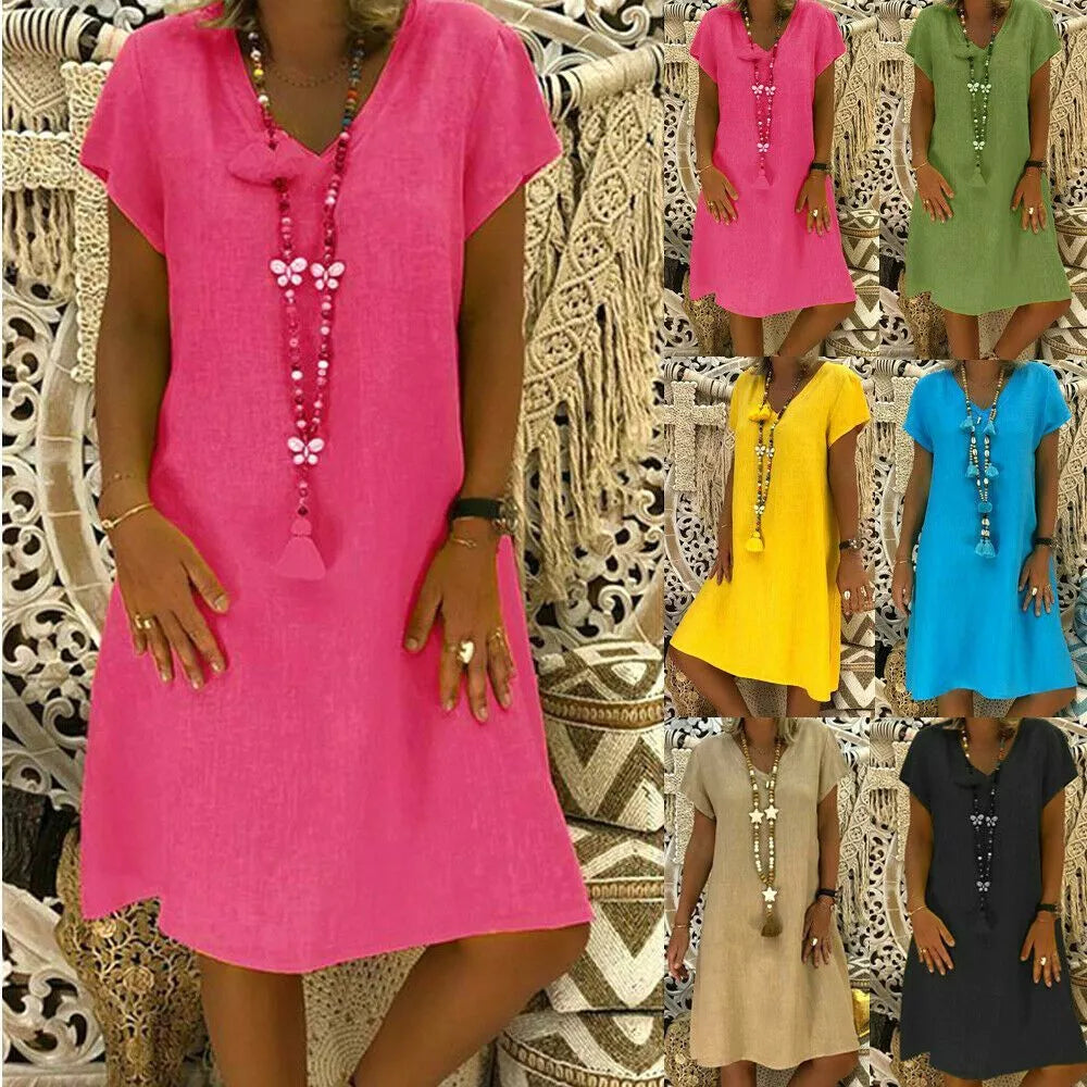 Womens V Neck Cotton Linen Dress Ladies Casual Baggy Plain Tunic Dress Plus Size